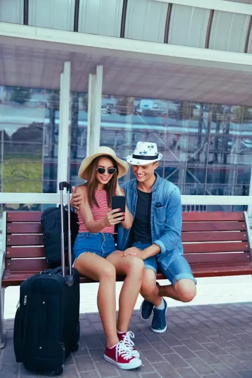 Travelers using TravelNet eSIM at airport